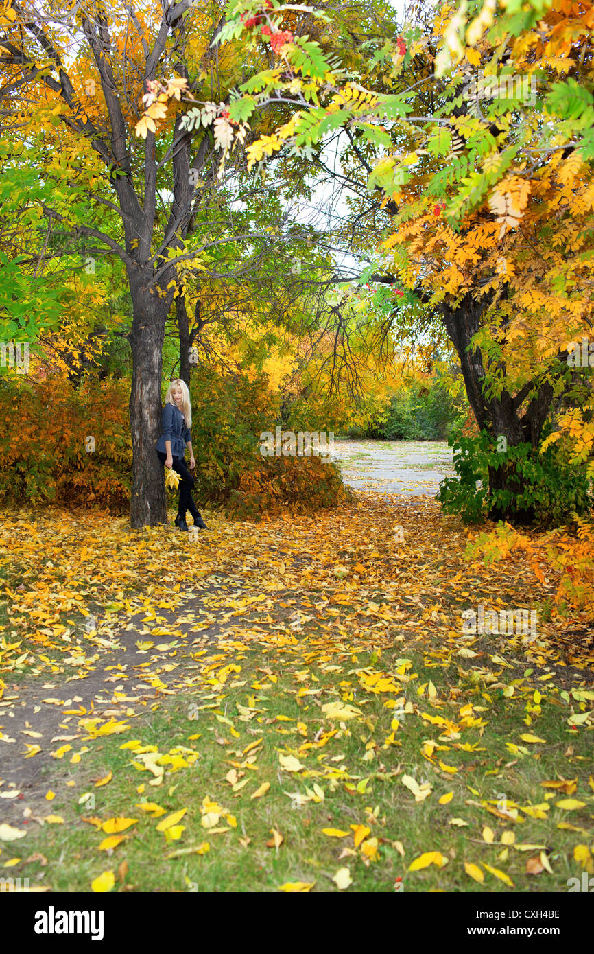 Young beautiful woman in autumn park Stock Photo - Alamy