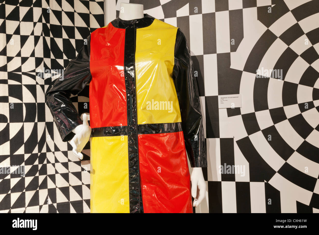 England, London, Southwark, The Fashion and Textile Museum, Exhibit of Mondrian Style Raincoat circa 1966 by Astro Mac Stock Photo