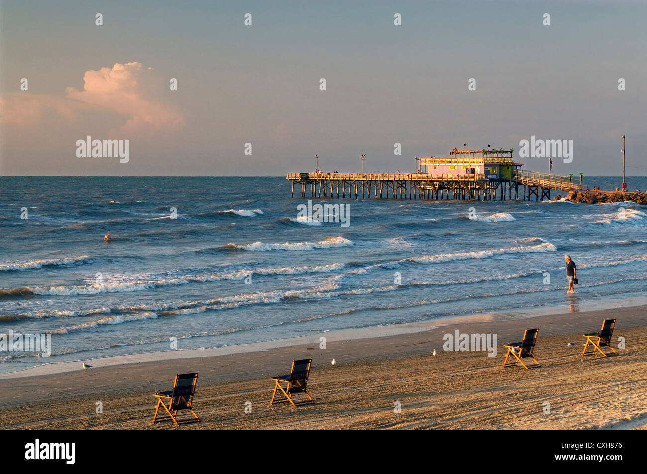Gulf of Mexico beach, fishing pier at Seawall Boulevard, Galveston