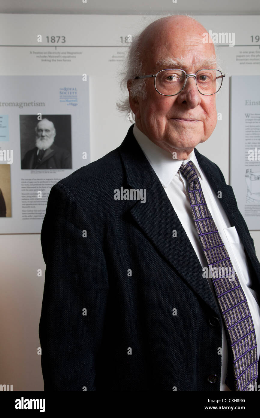 Nobel prize winner Professor Peter Higgs, who theorized the existence of the subatomic particle named the Higgs Boson Stock Photo