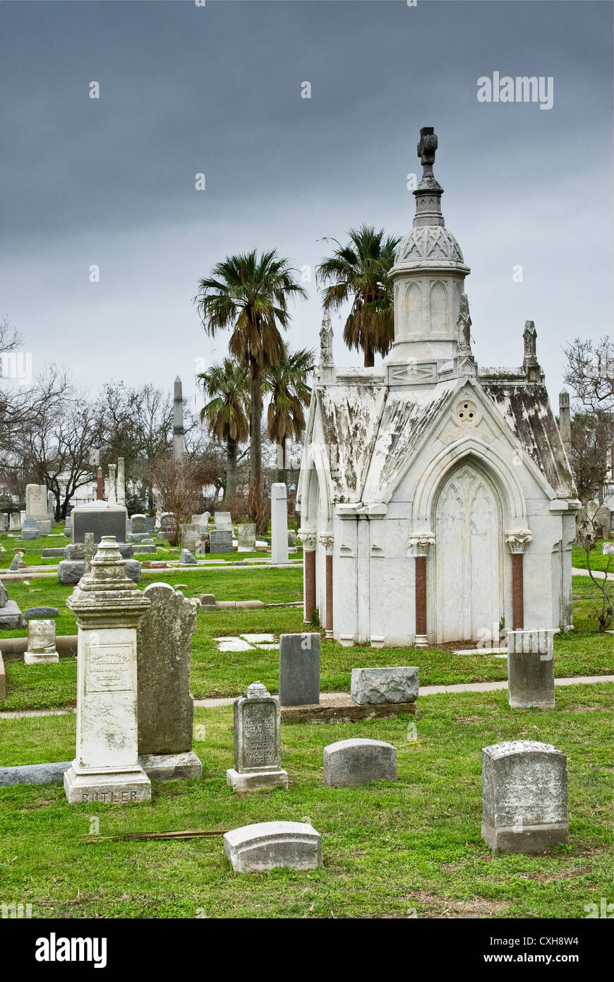 Tombs and graves at historic Old City Cemetery at Broadway in Galveston