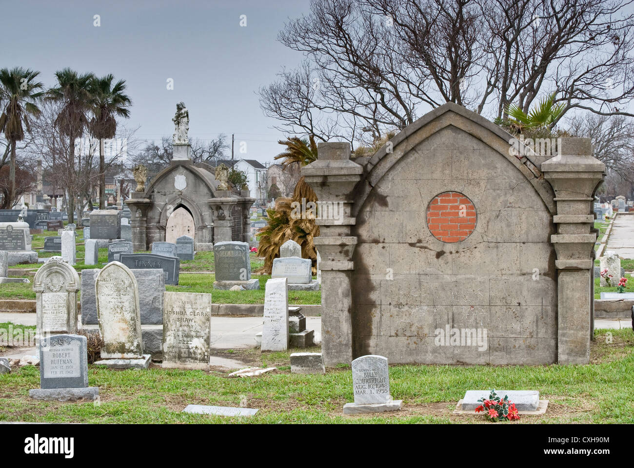 Tombs and graves at historic Old City Cemetery at Broadway in Galveston