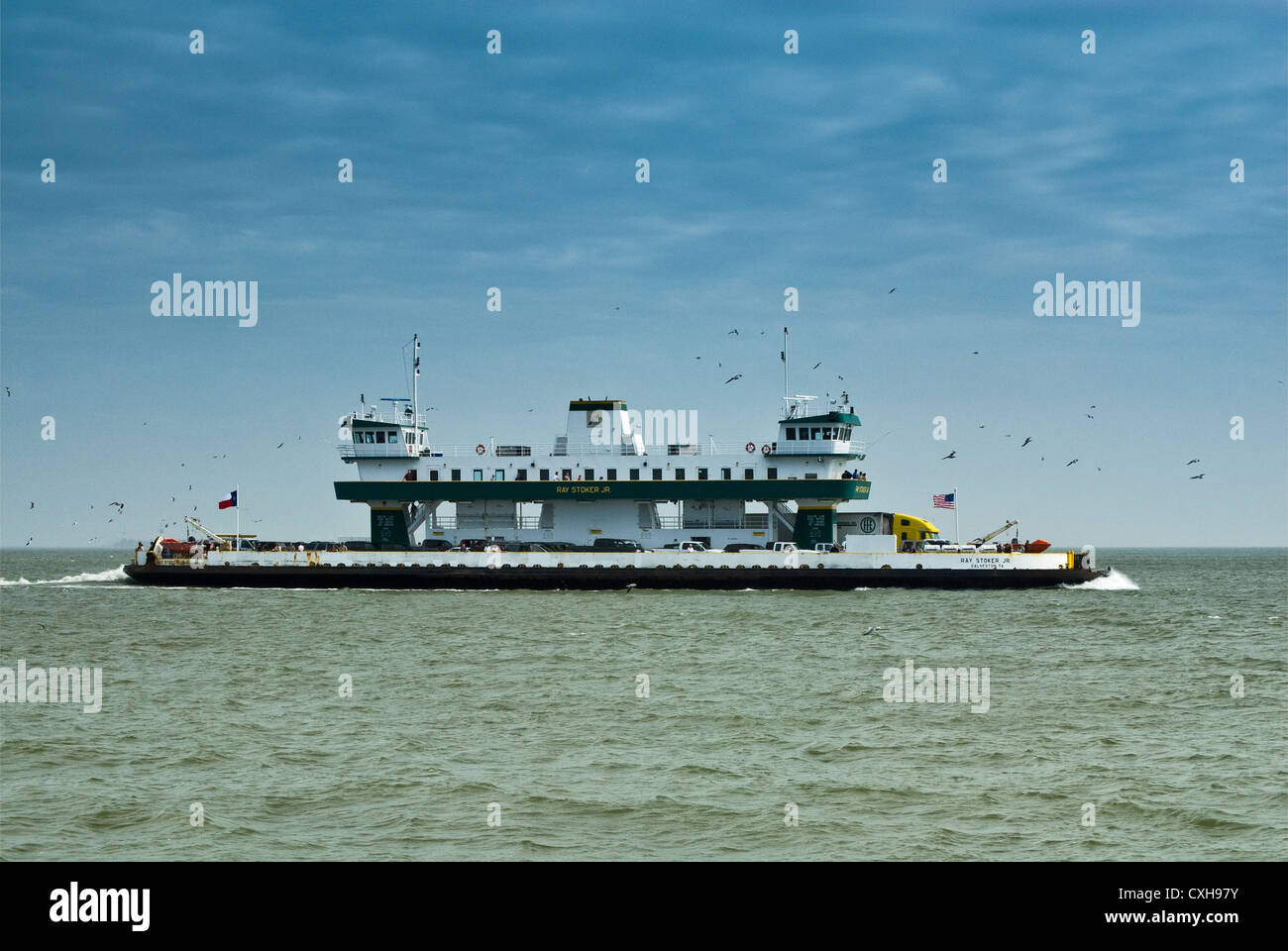 Ray Stoker Jr ferry crossing Galveston Bay from Point Bolivar at Bolivar Peninsula to Galveston, Texas, USA Stock Photo