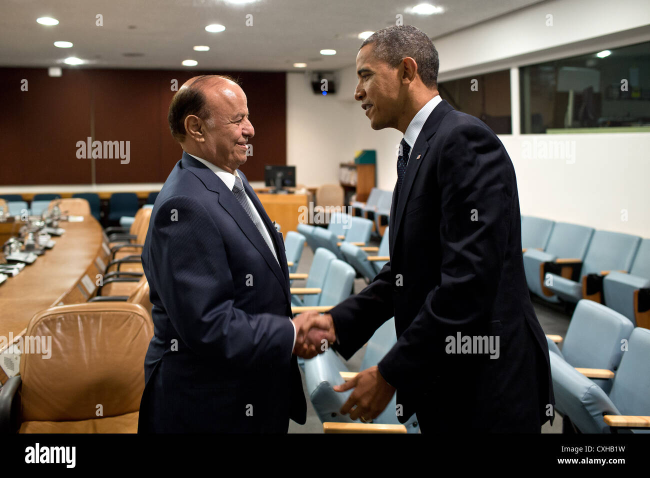 US President Barack Obama meets President Abd Rabbuh Mansur Al-Hadi of Yemen September 25, 2012 in the Security Council Consultation Room at the United Nations in New York, NY. Stock Photo