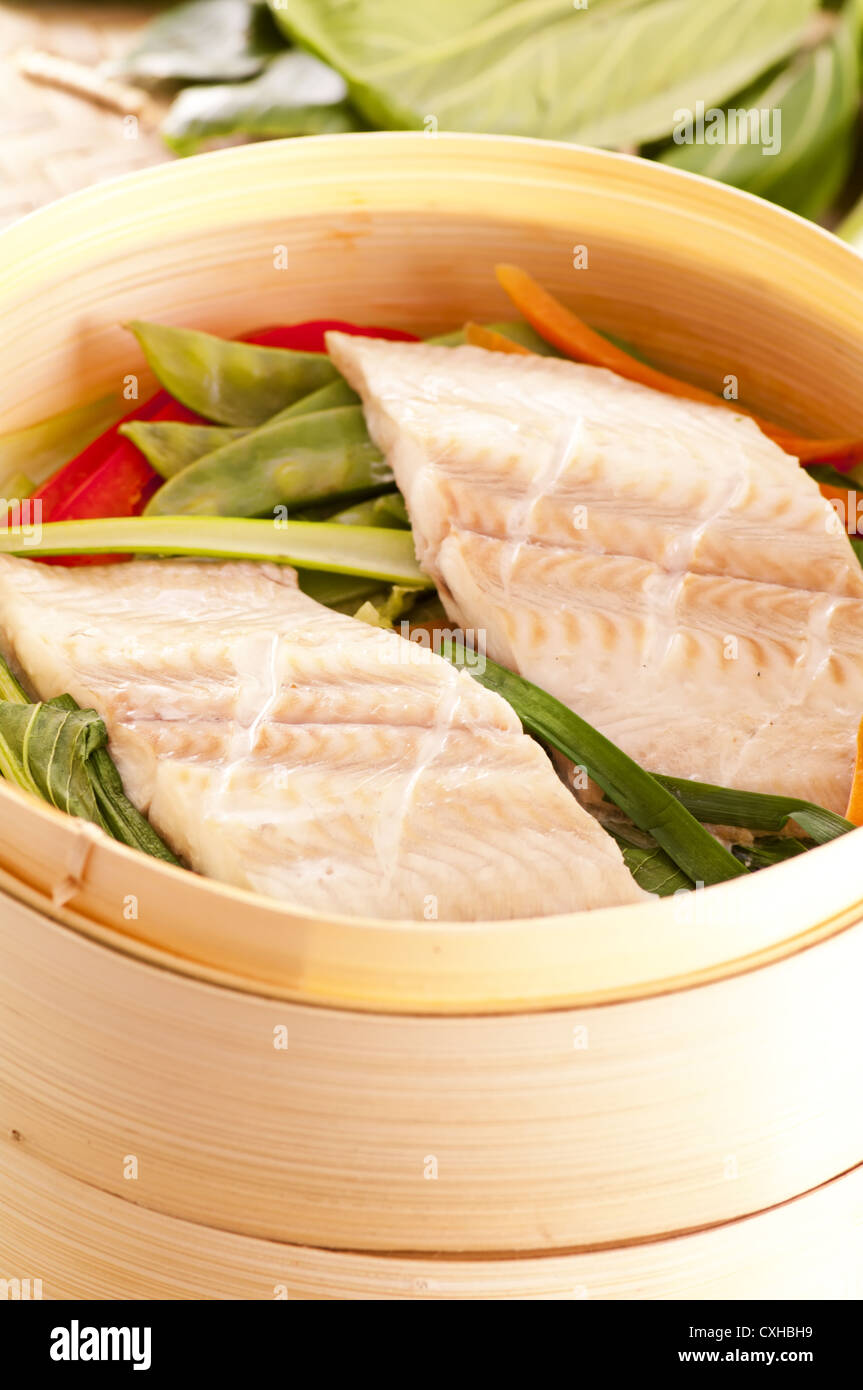 Fish fillet steamed with vegetables Stock Photo