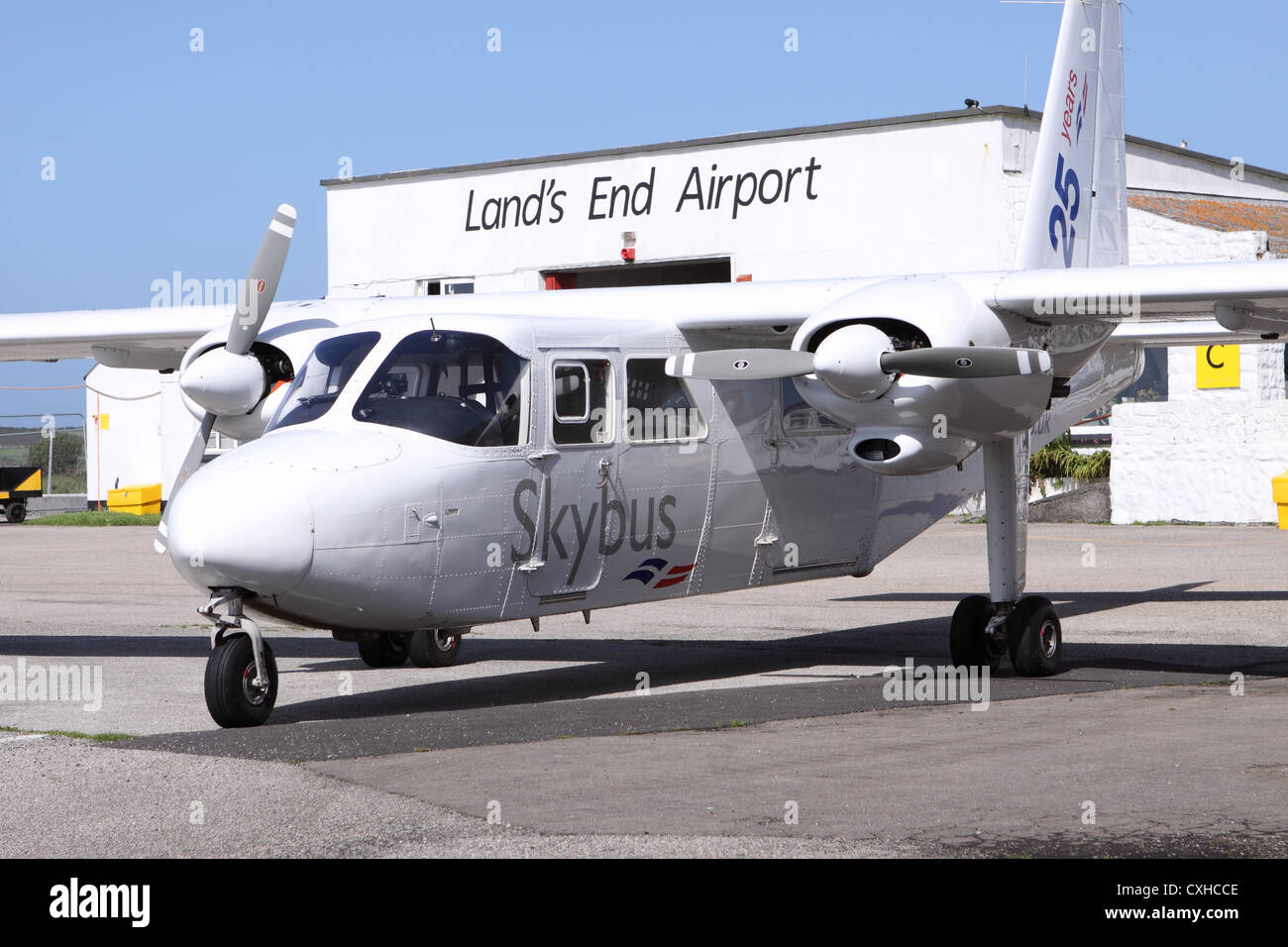 Lands End Airport Cornwall Skybus operate Islander aircraft to the Scilly Isles Stock Photo