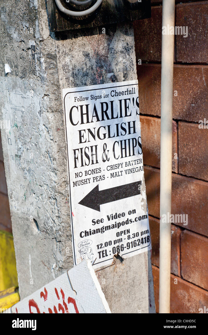 Sign advertising Englishstyle Fish and Chips, Thanon Tha Phae Soi 3