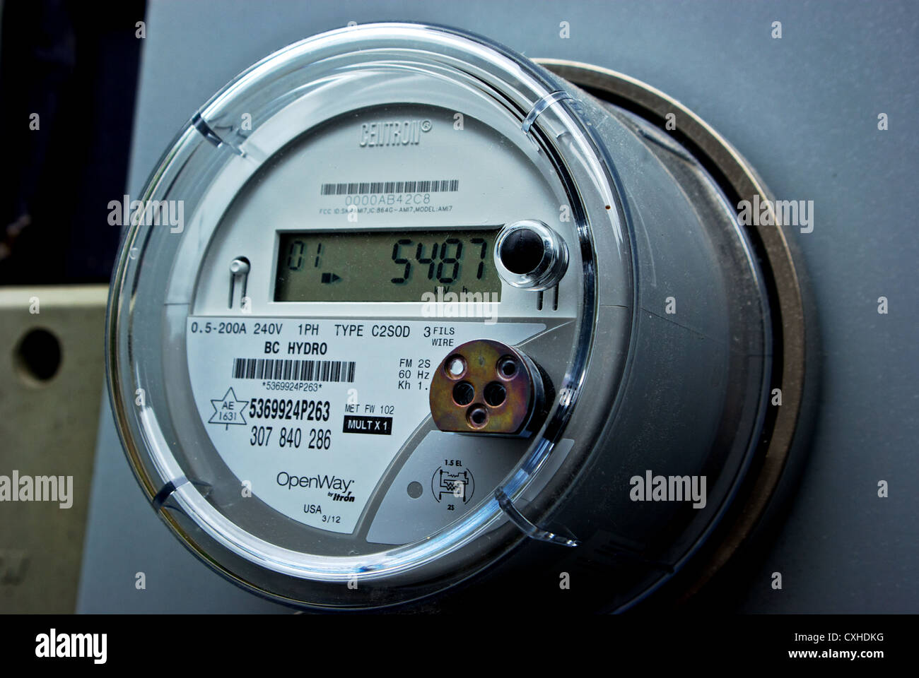 Centron C1S digital solid state wireless transmission household electricity use smart meter BC Hydro Stock Photo