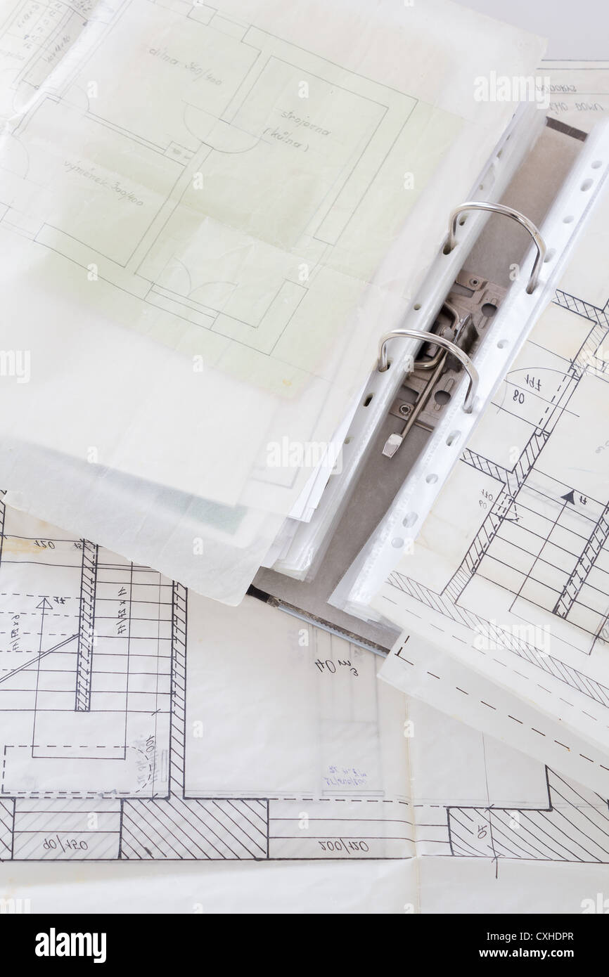 Architectural plans of the old paper tracing paper and file with the