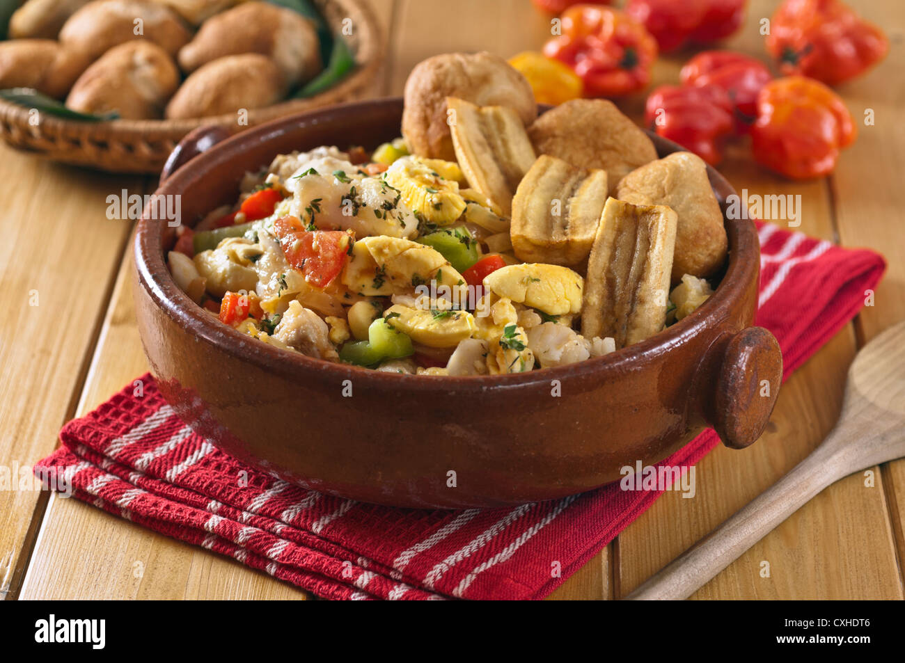 Ackee and saltfish with dumpling and fried plantain Jamaica Food Stock Photo