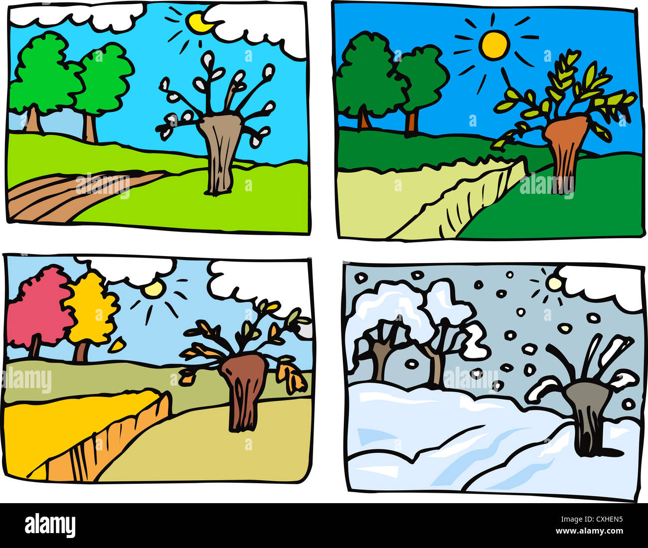 Cartoon Illustration of Rural Landscape in Four Seasons: Spring, Summer, Autumn or Fall and Winter Stock Photo