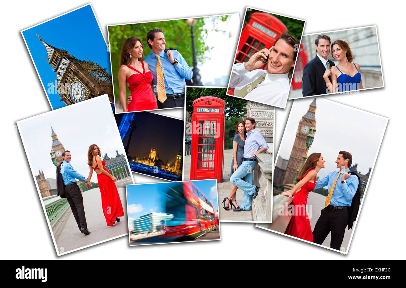 Romantic man and woman couple on vacation seeing the sights and landmarks in London, England, Great Britain montage Stock Photo