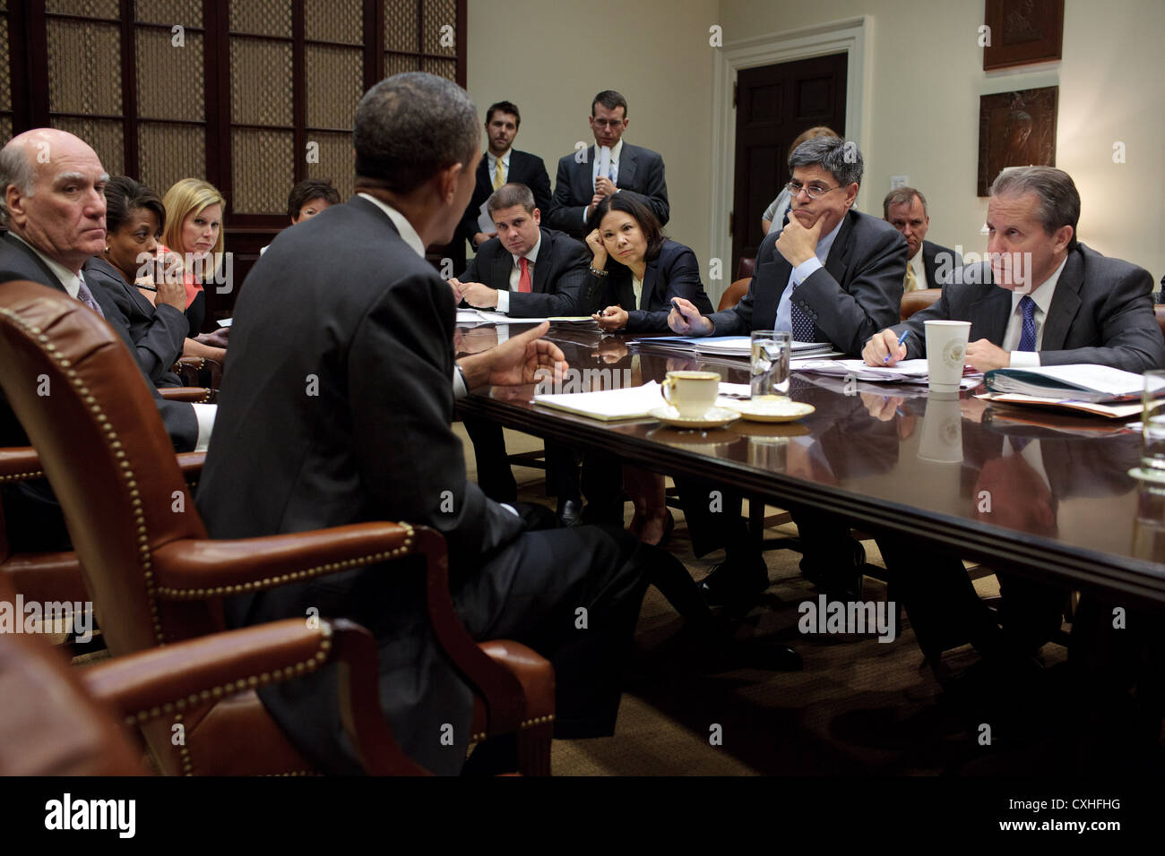 US President Barack Obama meets with his senior advisors September 7, 2011 in the Roosevelt Room of the White House Stock Photo