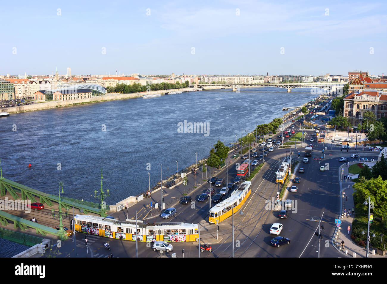 Budapest city life, cars, trams, street traffic along Danube river in Budapest, Hungary Stock