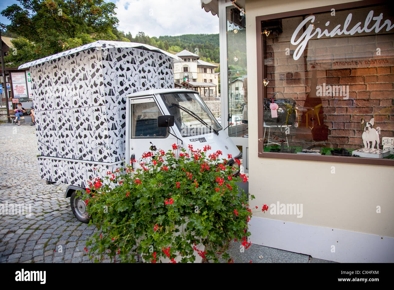 Decorated Api van in the mountain town of Cesana Torinese, Piemonte, Italy. Stock Photo