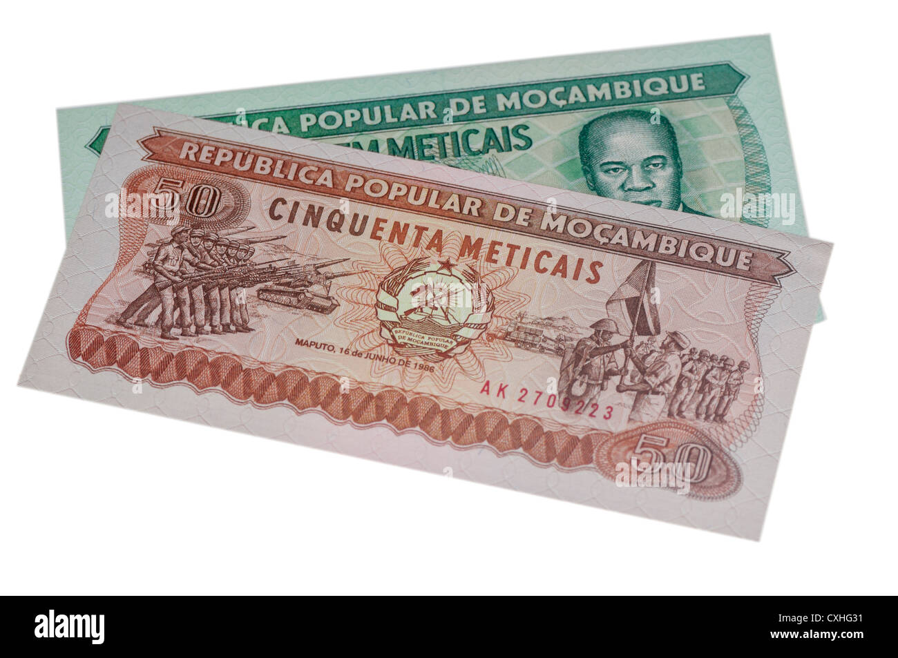 Mozambiquian 50 and 100 Metical banknotes Stock Photo