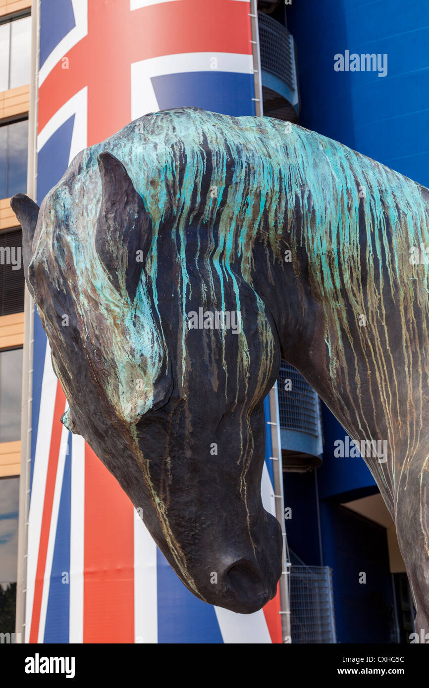 British Union Jack flags and sculpture of a horses head at the Ascot