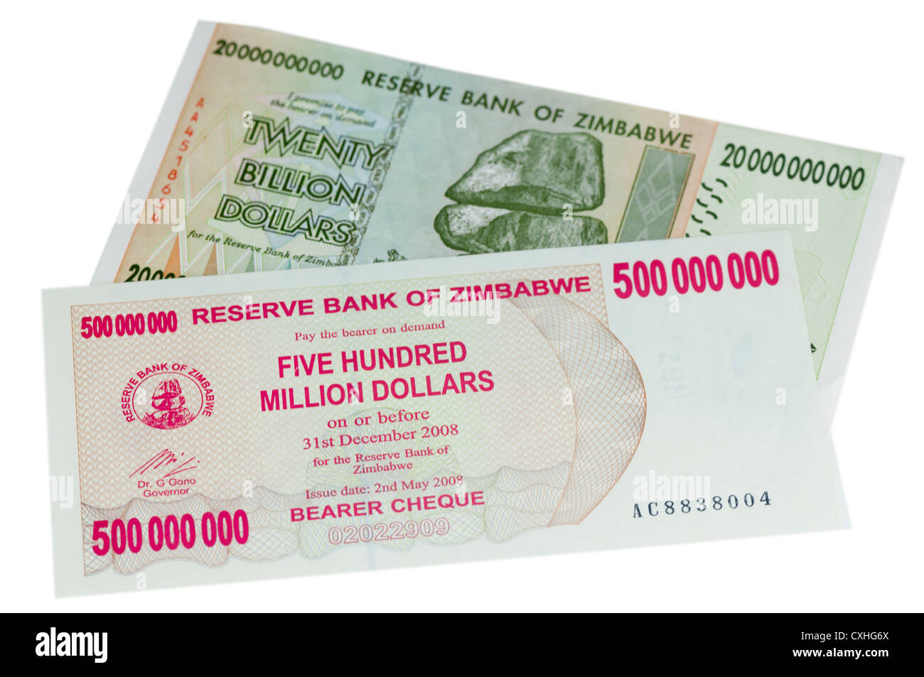 Zimbabwian five hundred million dollar (500,000,000) & twenty billion (20,000,000,000) banknotes caused by hyperinflation Stock Photo