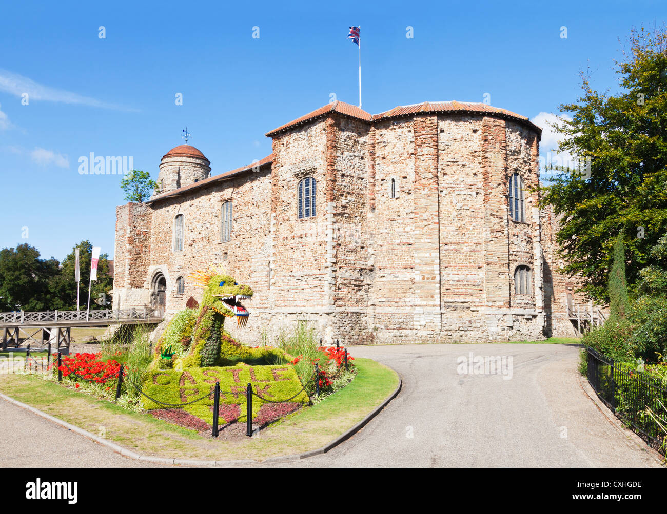 Medieval Norman castle and Castle Park gardens, in Colchester, Essex, England, United Kingdom. Stock Photo