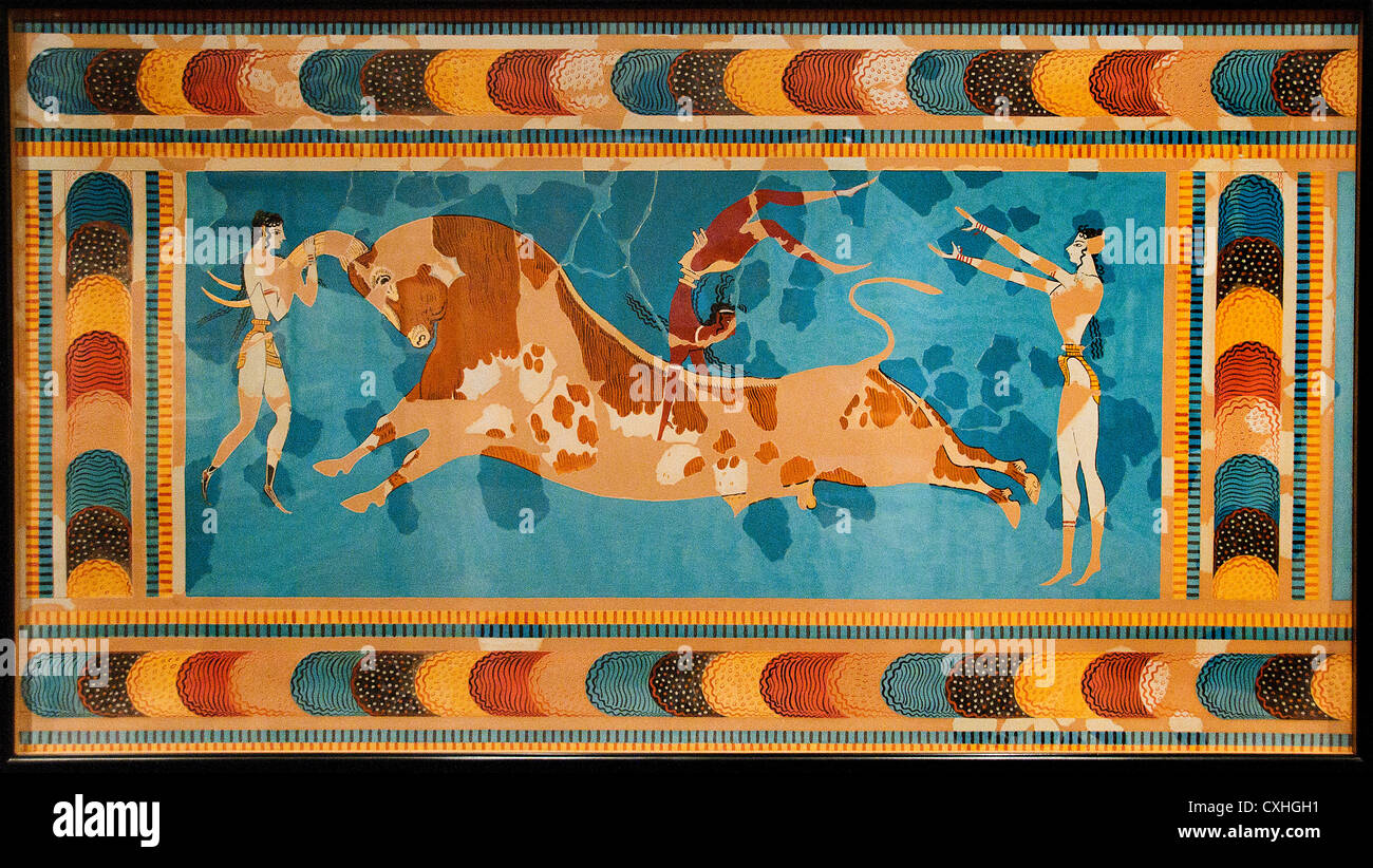 The Bull Leaping 1425-1300 B.C Minoan Fresco Great Palace  Knossos Crete Greece Reproduction by Emile Gilliéron 1906 Stock Photo