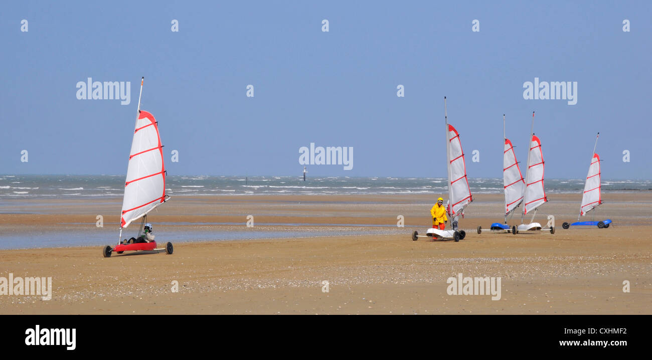 Panoramic photo of land sailing on the beach of Ouistreham in the Calvados department in the Basse-Normandie region in France Stock Photo
