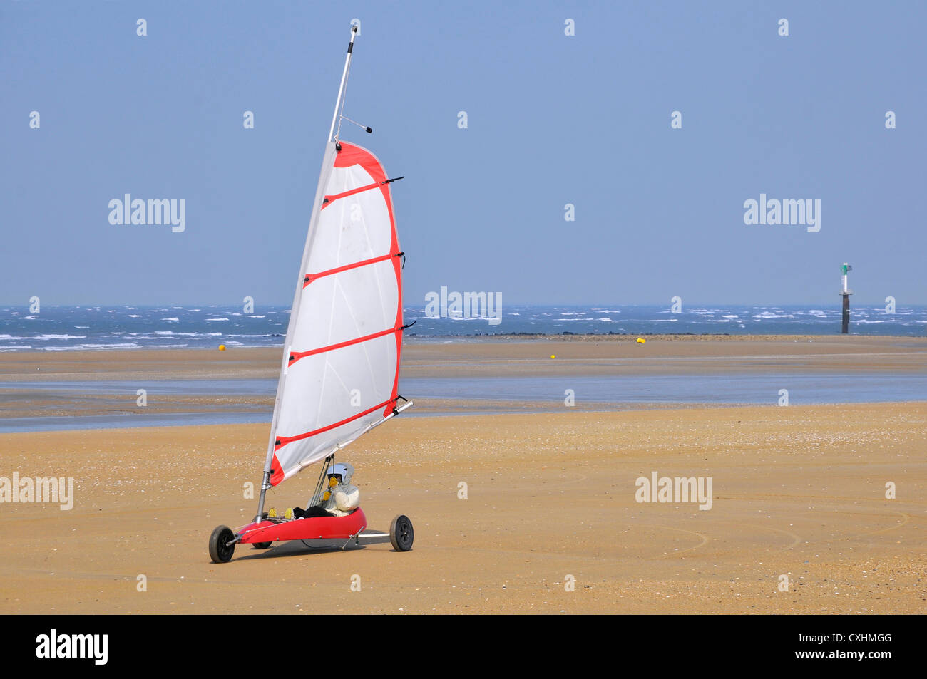 Land sailing on the beach of Ouistreham in the Calvados department in the Basse-Normandie region in northwestern France. Stock Photo