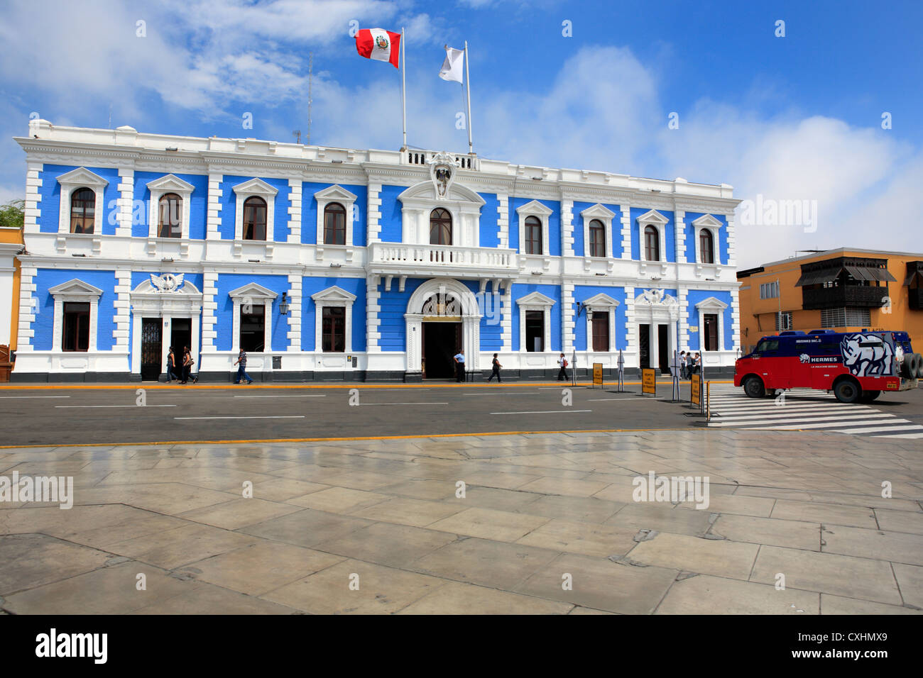 Colonial buildings, Plaza de Armaz, Trujillo, Peru Stock Photo