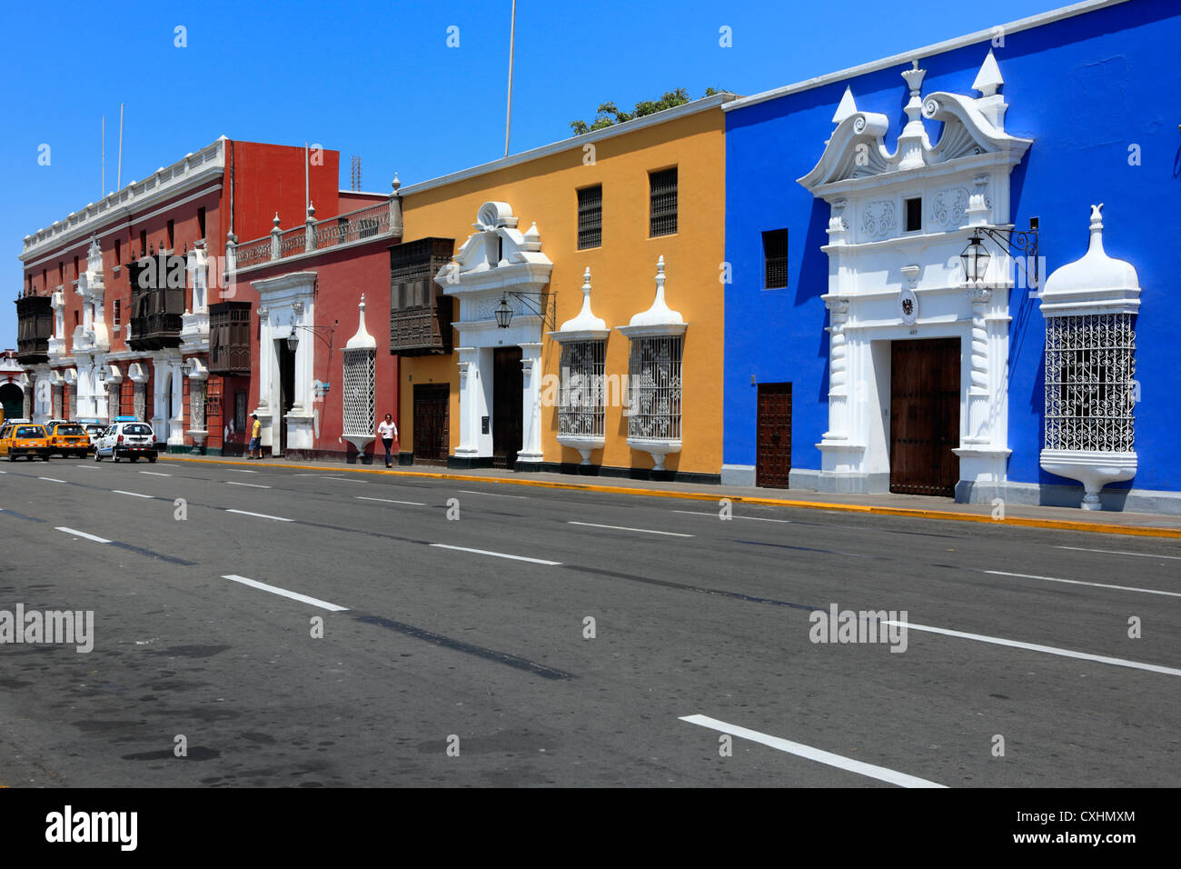 Colonial buildings, Plaza de Armaz, Trujillo, Peru Stock Photo