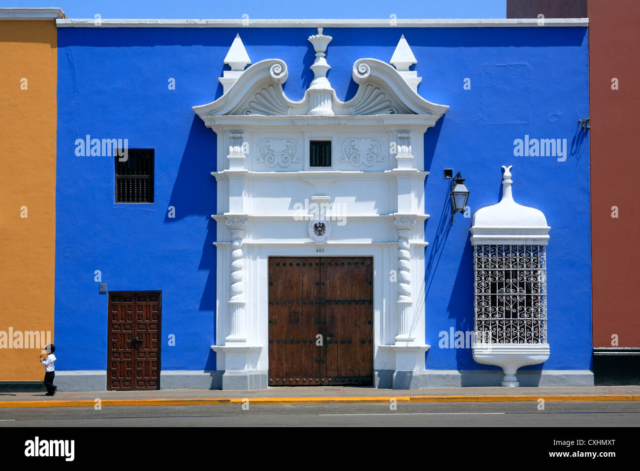 Colonial buildings, Plaza de Armaz, Trujillo, Peru Stock Photo