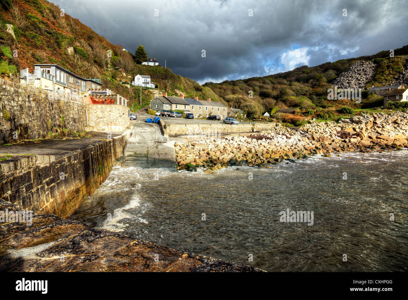 Lamorna Cove, Cornwall harbour harbor tide in on dramatic sky day