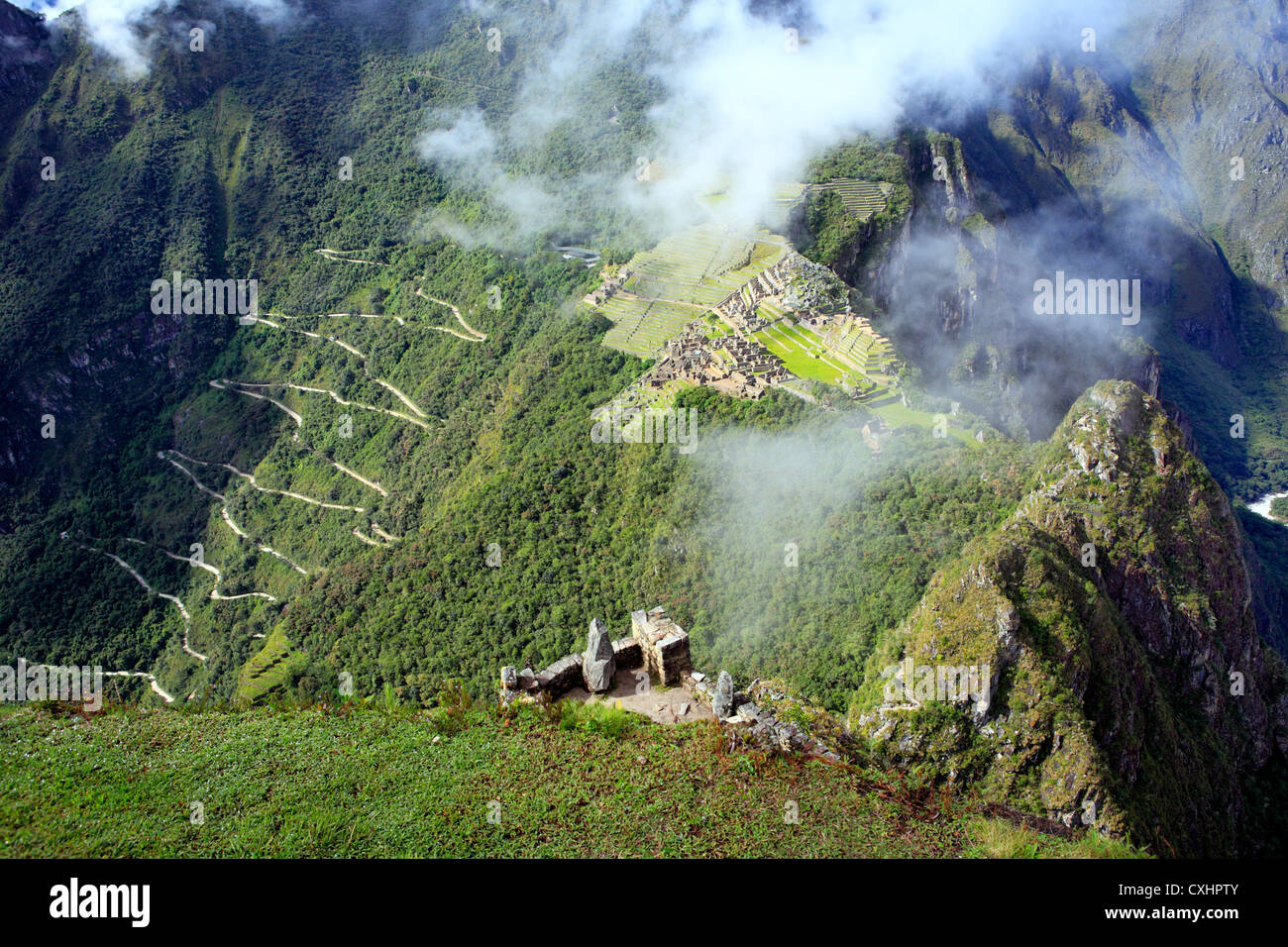 View of Machu Picchu archaeological site from Wayna Picchu mountain, Cuzco, Peru Stock Photo