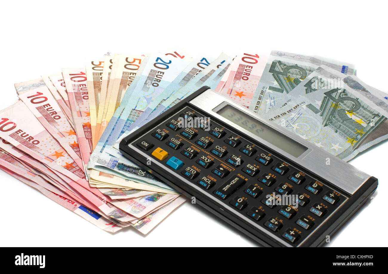 euro calculation with money isolated on white Stock Photo