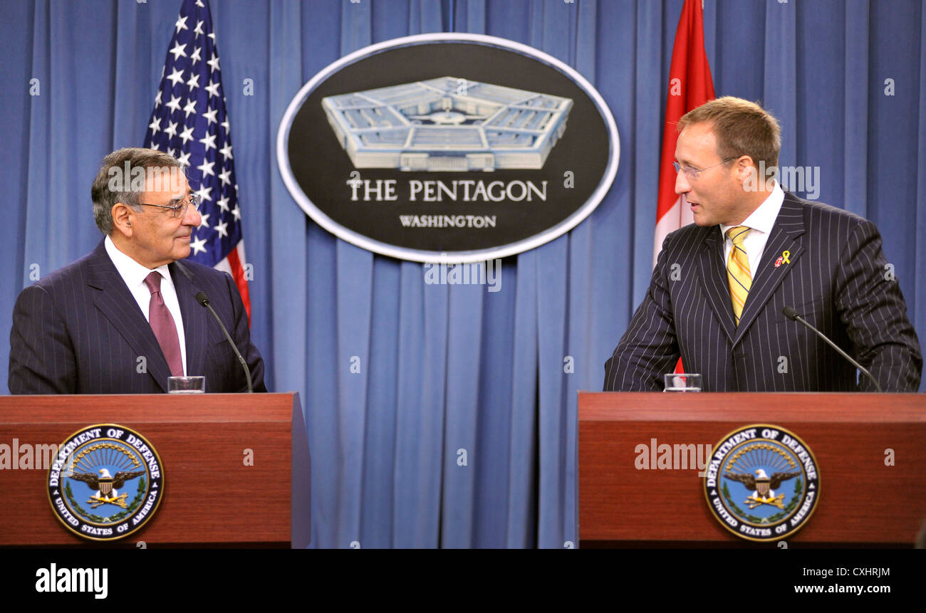 Secretary of Defense Leon E. Panetta (left) and Canadian Minister of National Defense Peter MacKay hold a joint press conference at the Pentagon in Arlington, Va., Sept. 28, 2012. Stock Photo