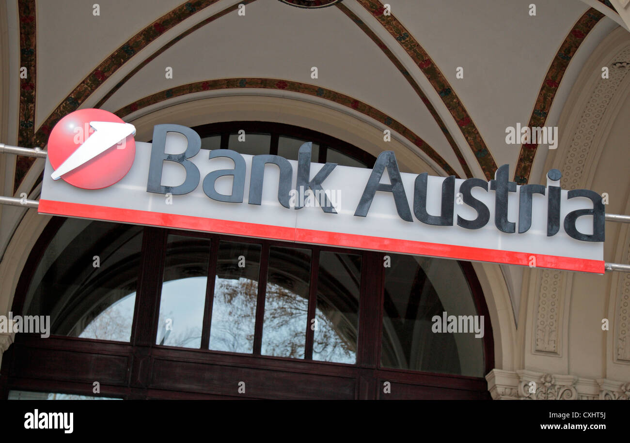 A Bank Austria logo sign above the entrance to a branch in Vienna, Austria. Stock Photo