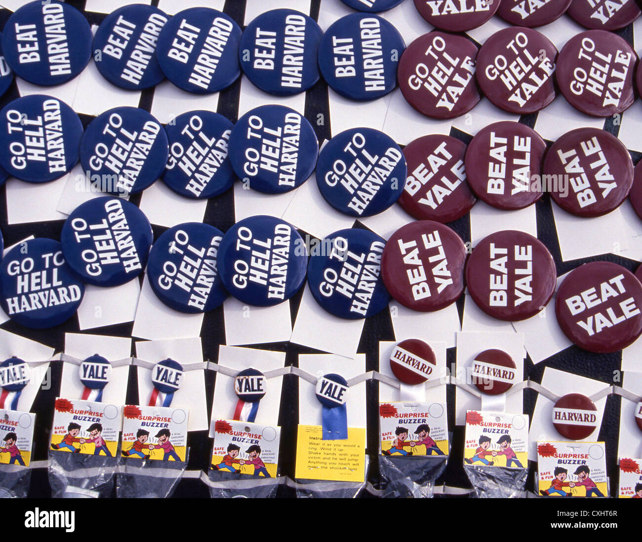 Pins for sale at a Yale vs. Harvard football game Stock Photo