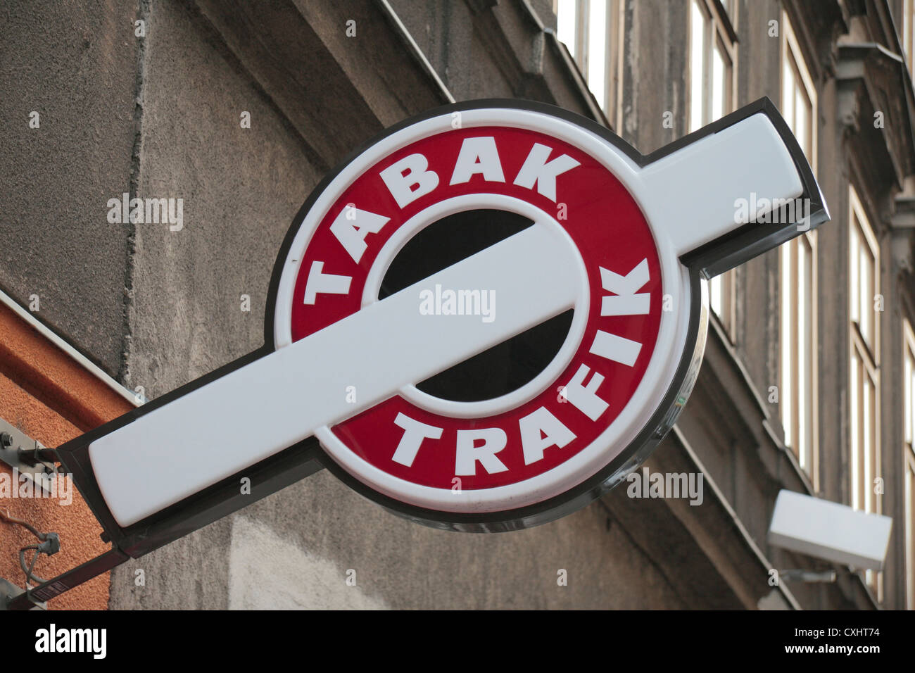 Generic tabak/trafik sign above a tobacconists shop in Vienna, Austria. Stock Photo