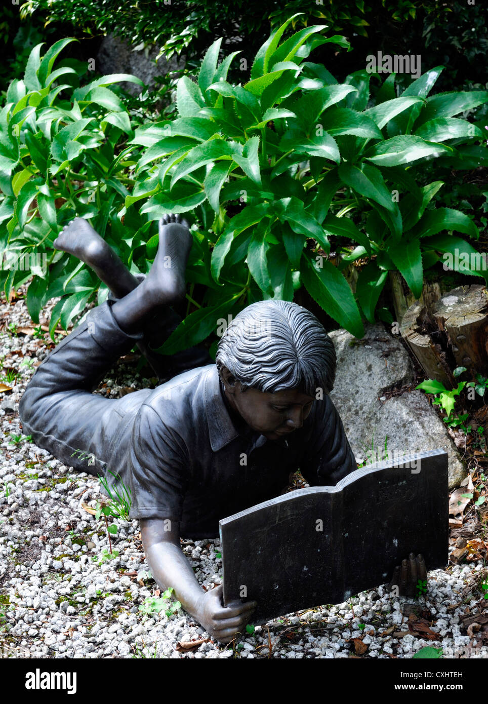 bronze bronzed statue boy child reading lie lying down national garden