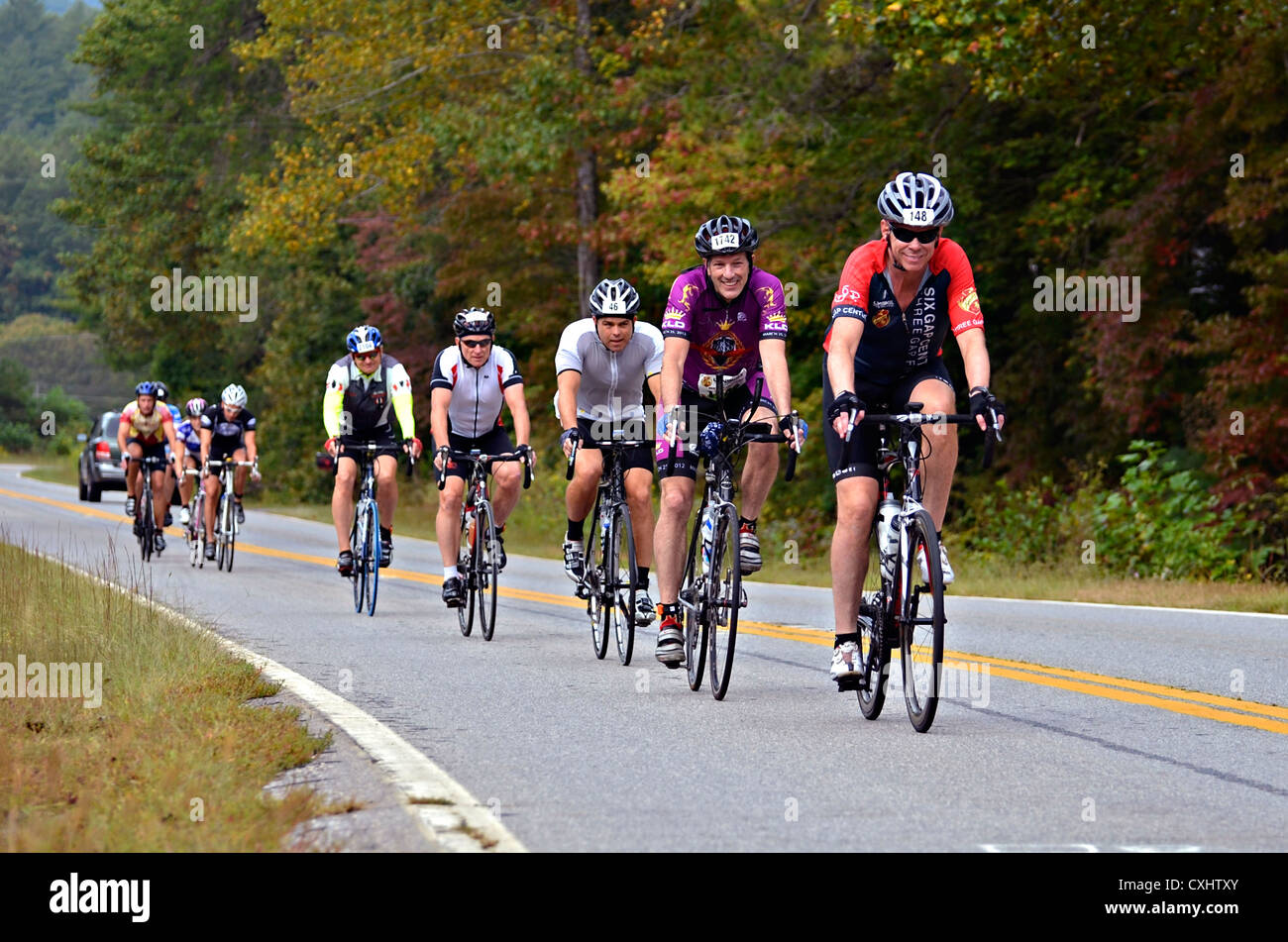 Men riding in a line at the Six Gap Century bicycle event, an endurance ride in Stock