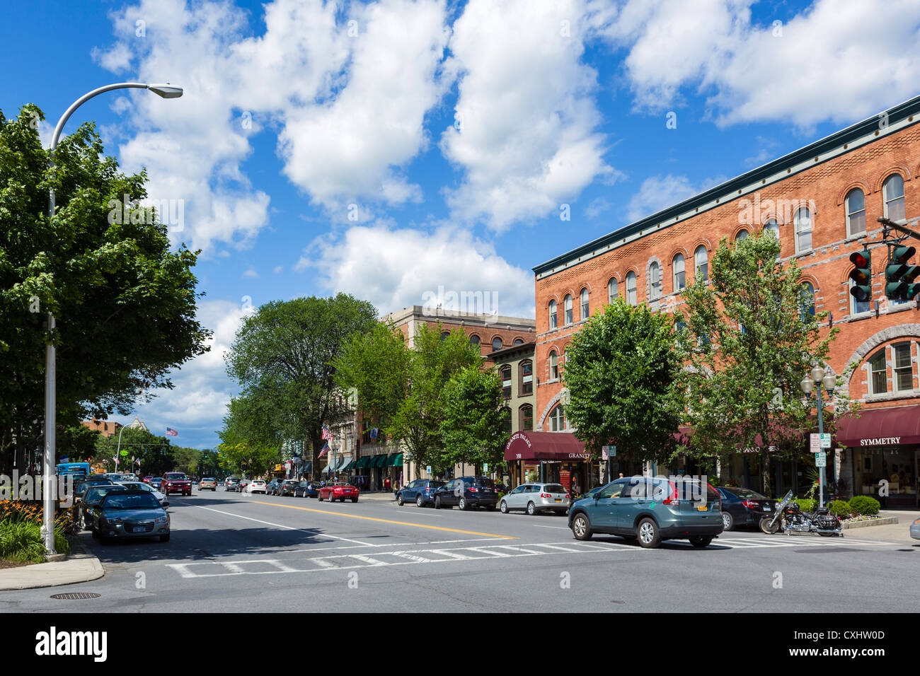 Historic buildings on Broadway in downtown Saratoga Springs, New York State, USA Stock Photo