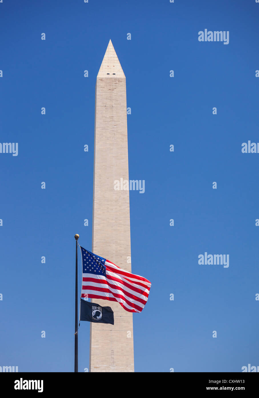 WASHINGTON, DC, USA - Washington Monument with US flag and POW MIA flag. Stock Photo