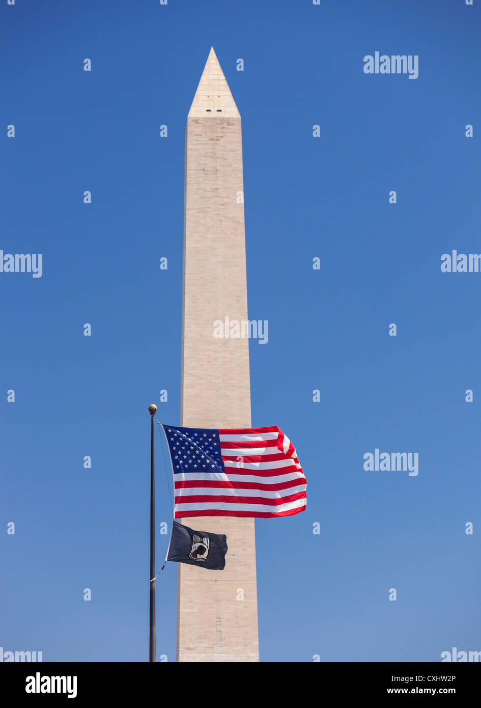 WASHINGTON, DC, USA - Washington Monument with US flag and POW MIA flag. Stock Photo