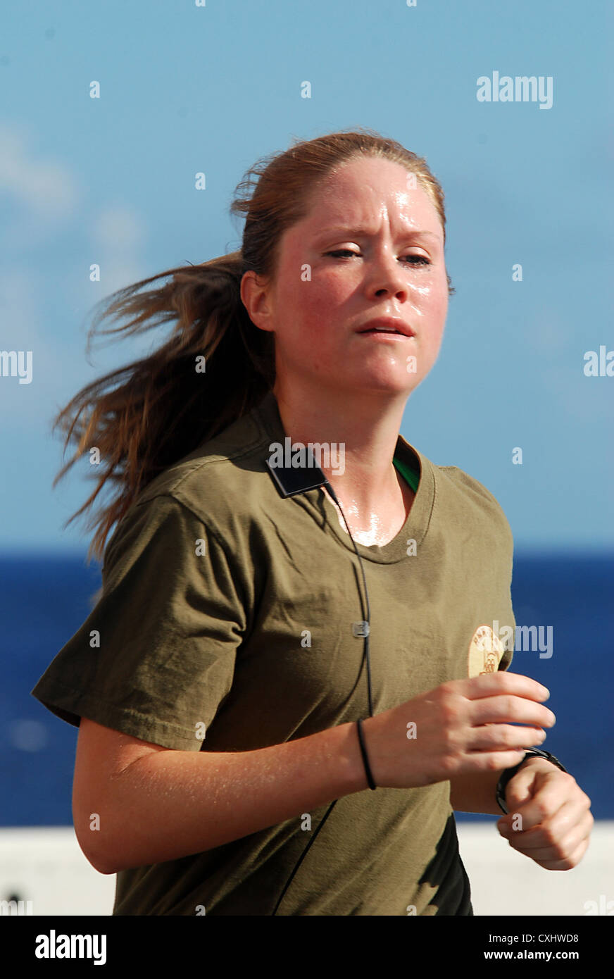Capt. Paige Stull participates in the Landaker 5k held by the “Purple Foxes” of Marine Medium Helicopter Squadron (HMM) 364 (REIN) aboard amphibious transport dock ship USS Green Bay (LPD 20). Green Bay is part of the Peleliu Amphibious Ready Group currently underway on a Western Pacific deployment with amphibious assault ship USS Peleliu (LHA 5) and amphibious dock landing ship USS Rushmore (LSD 47). Stock Photo