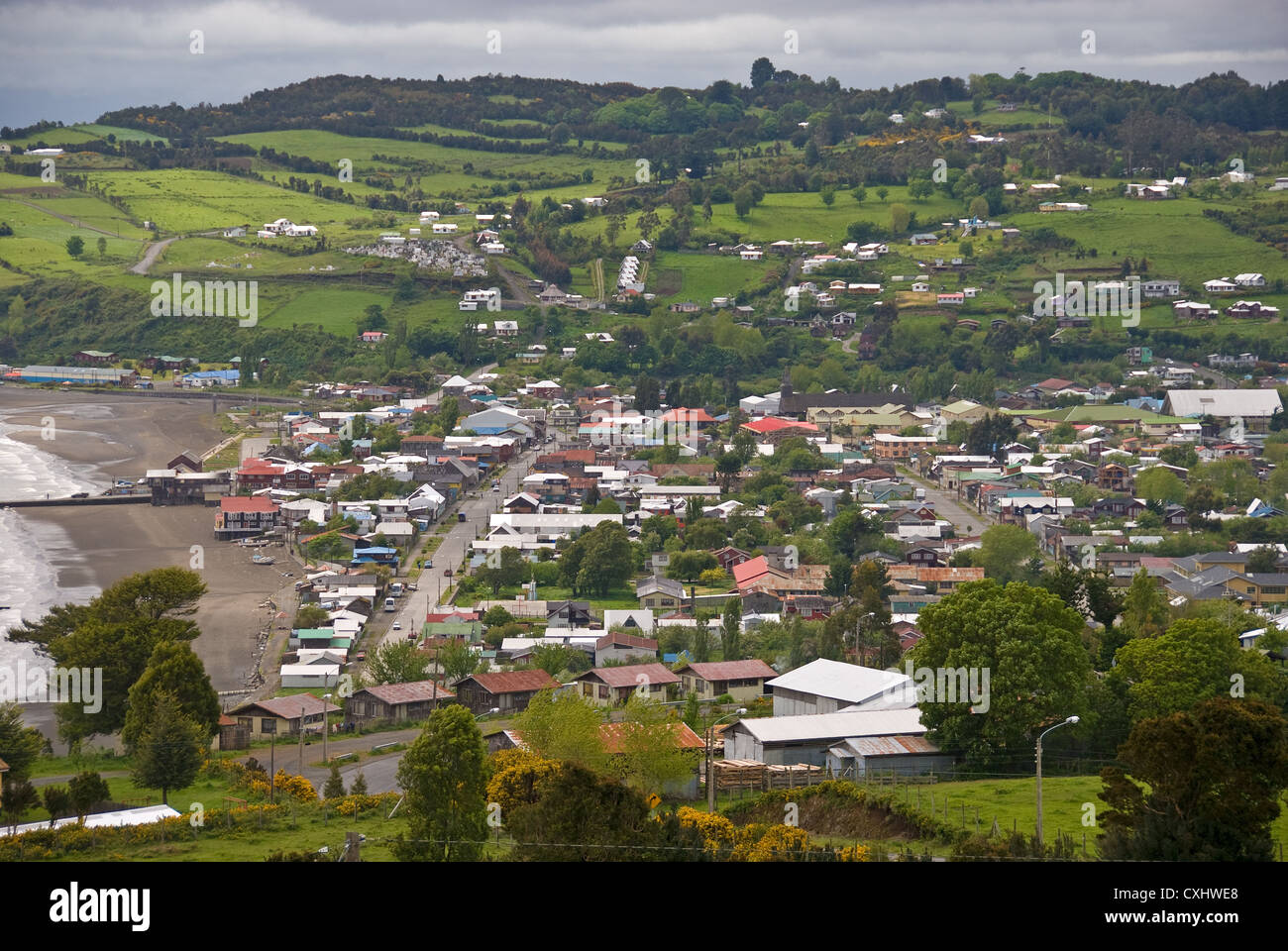 Elk198-3762 Chile, Chiloe Island, Achao, town from above Stock Photo