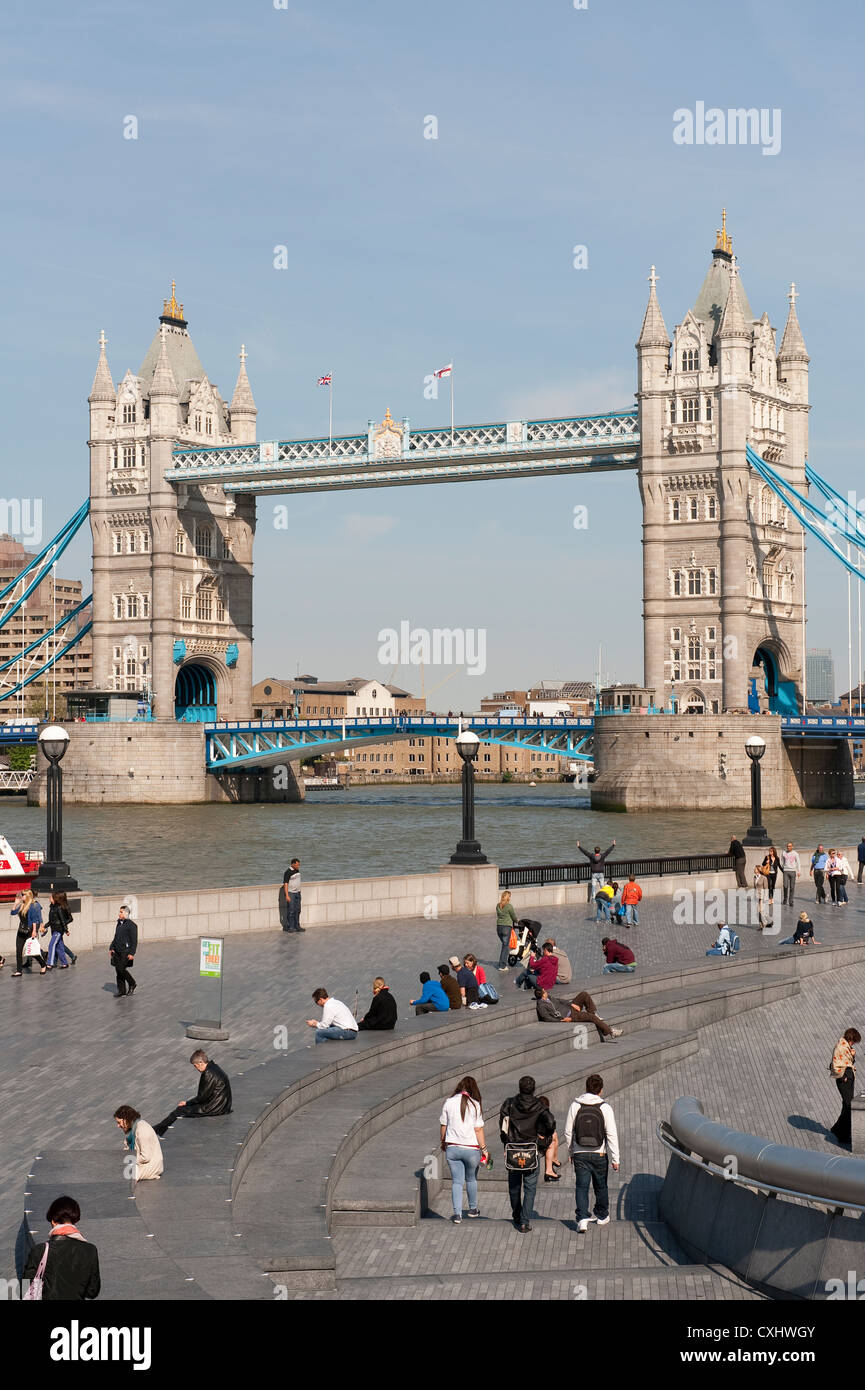 Tower Bridge (built 1886–1894) is a combined bascule and suspension bridge in London, over the River Thames, England. Stock Photo