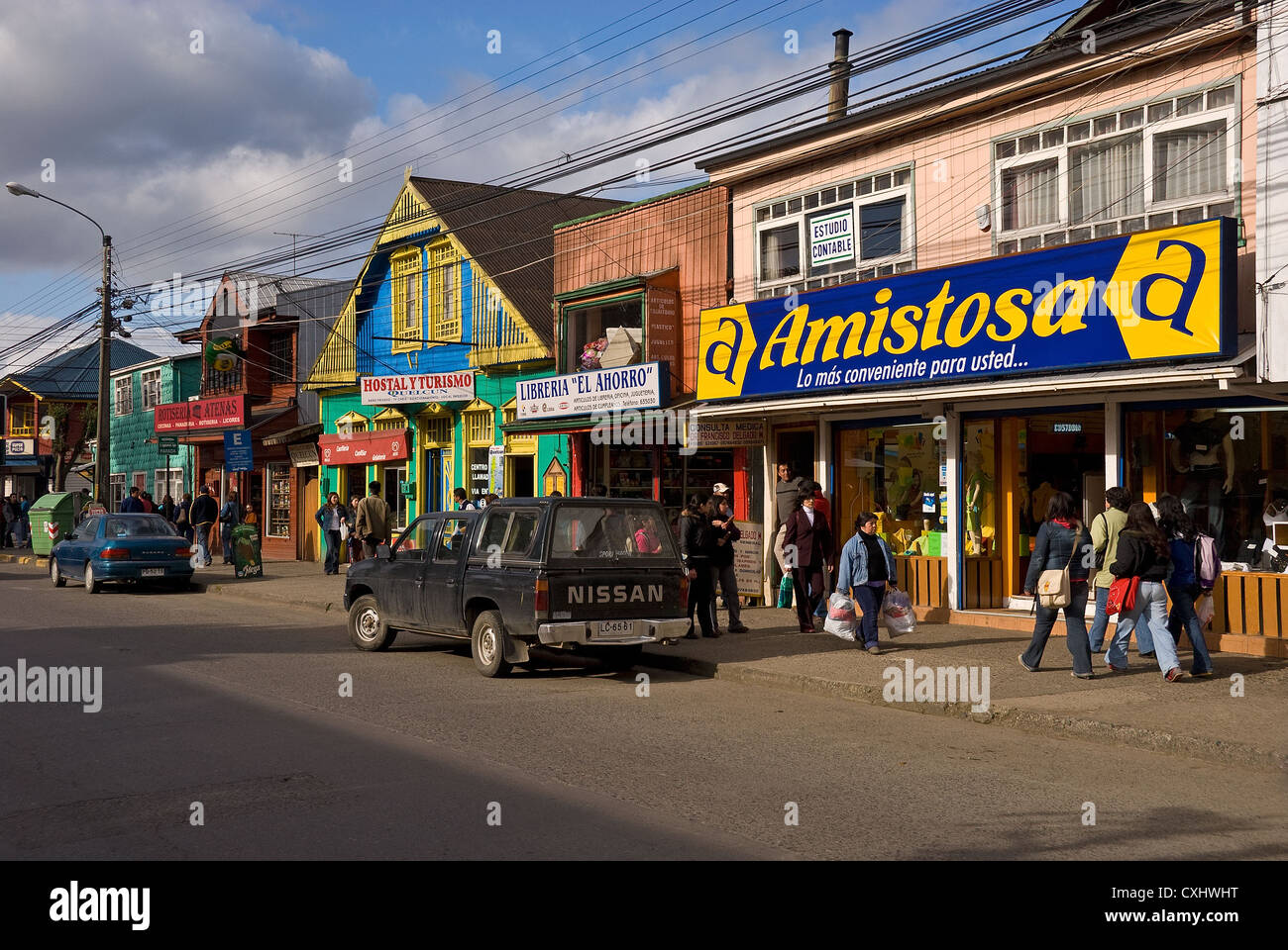 Elk198-3806 Chile, Chiloe Island, Castro, street scene with stores Stock Photo