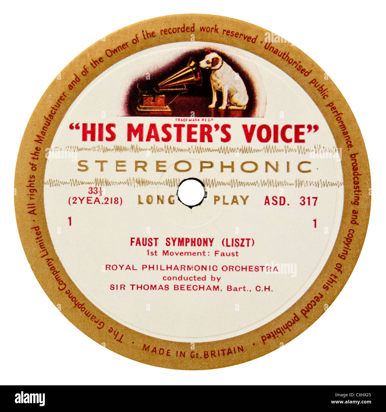 Example of very rare HMV ASD317 classical record label - 'A Faust Symphony' (Orpheus) by Franz Liszt Stock Photo