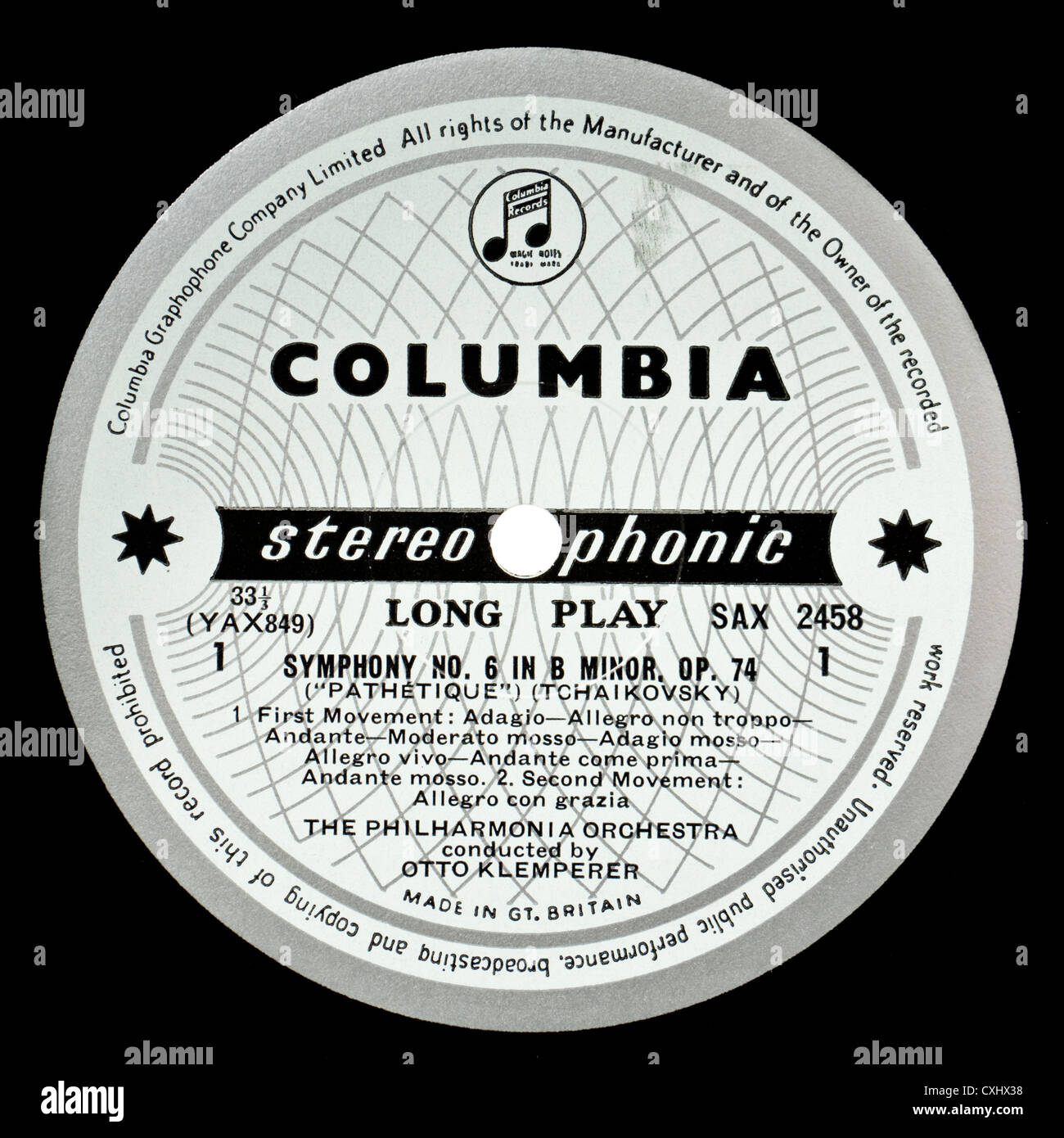 Example of very rare Columbia SAX 2458 classical record label - Tchaikovsky 'Pathetique' Symphony No 6 Stock Photo