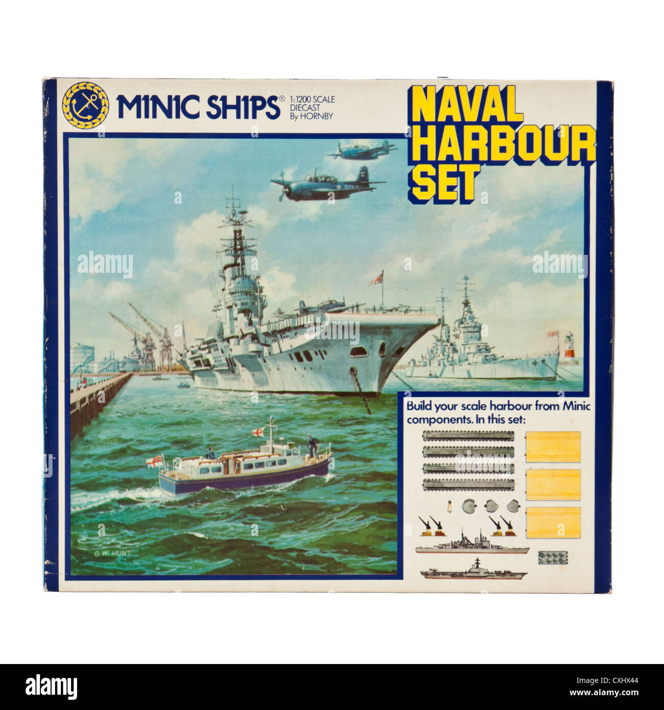 Vintage 1970's MINIC SHIPS (Hornby) 1:1200 scale Naval Harbour Set. Stock Photo