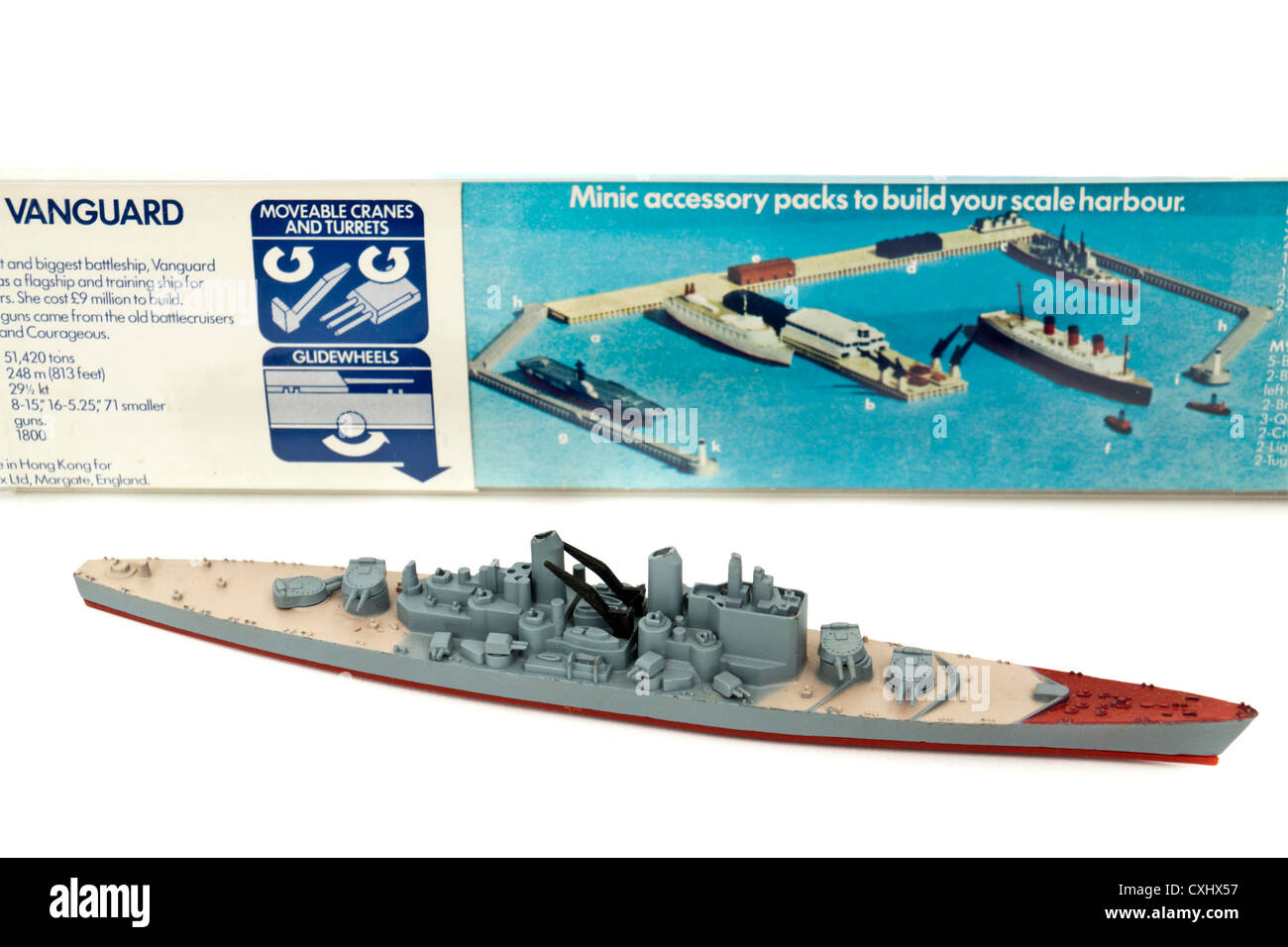 Vintage 1970's MINIC SHIPS (Hornby) 1:1200 scale model of H.M.S. Vanguard, the last British dreadnought battleship (1946-1960). Stock Photo