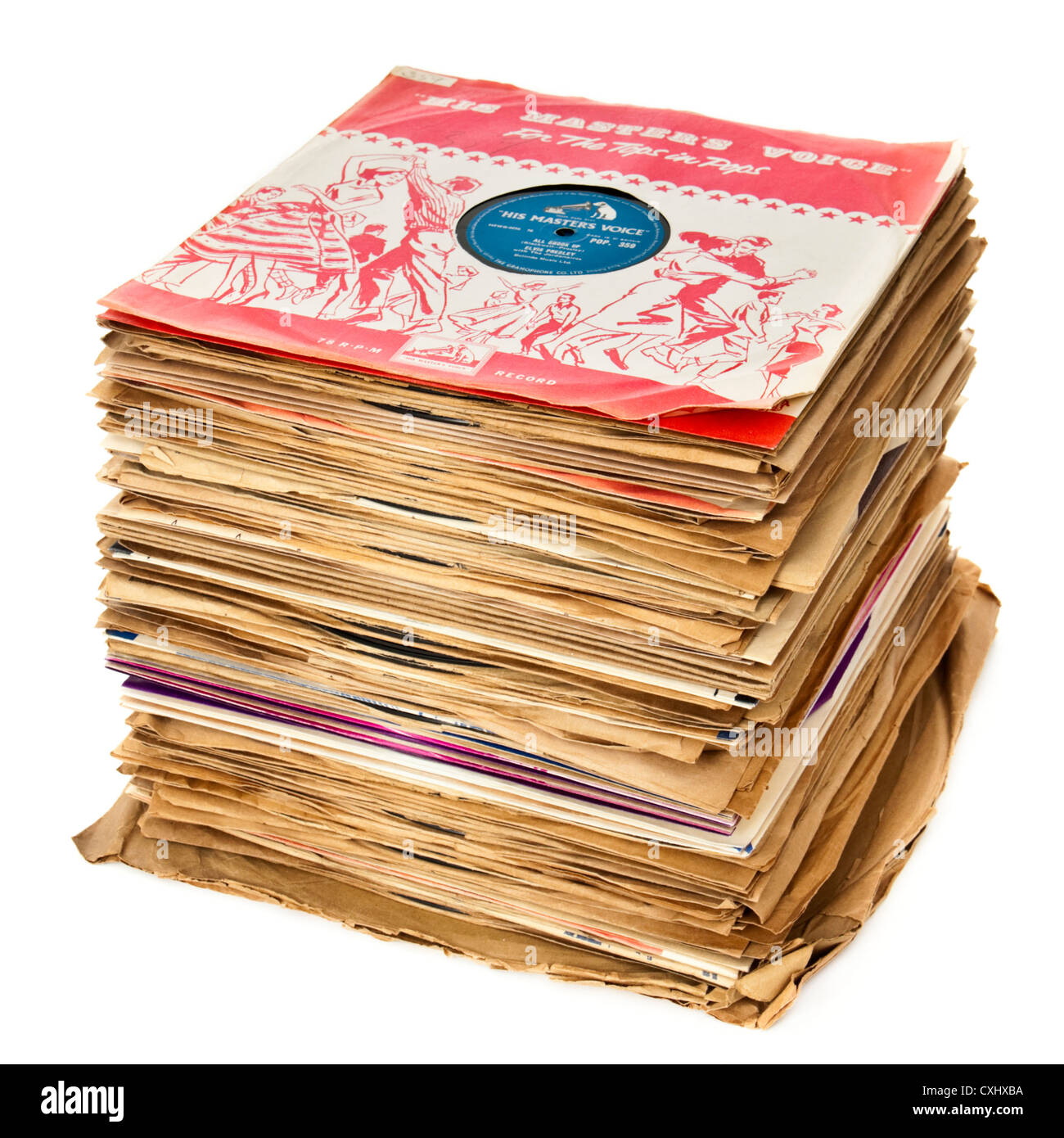 Collection of vintage 78rpm records from the 1950's, with Elvis Presley's 'All Shook Up' on top Stock Photo